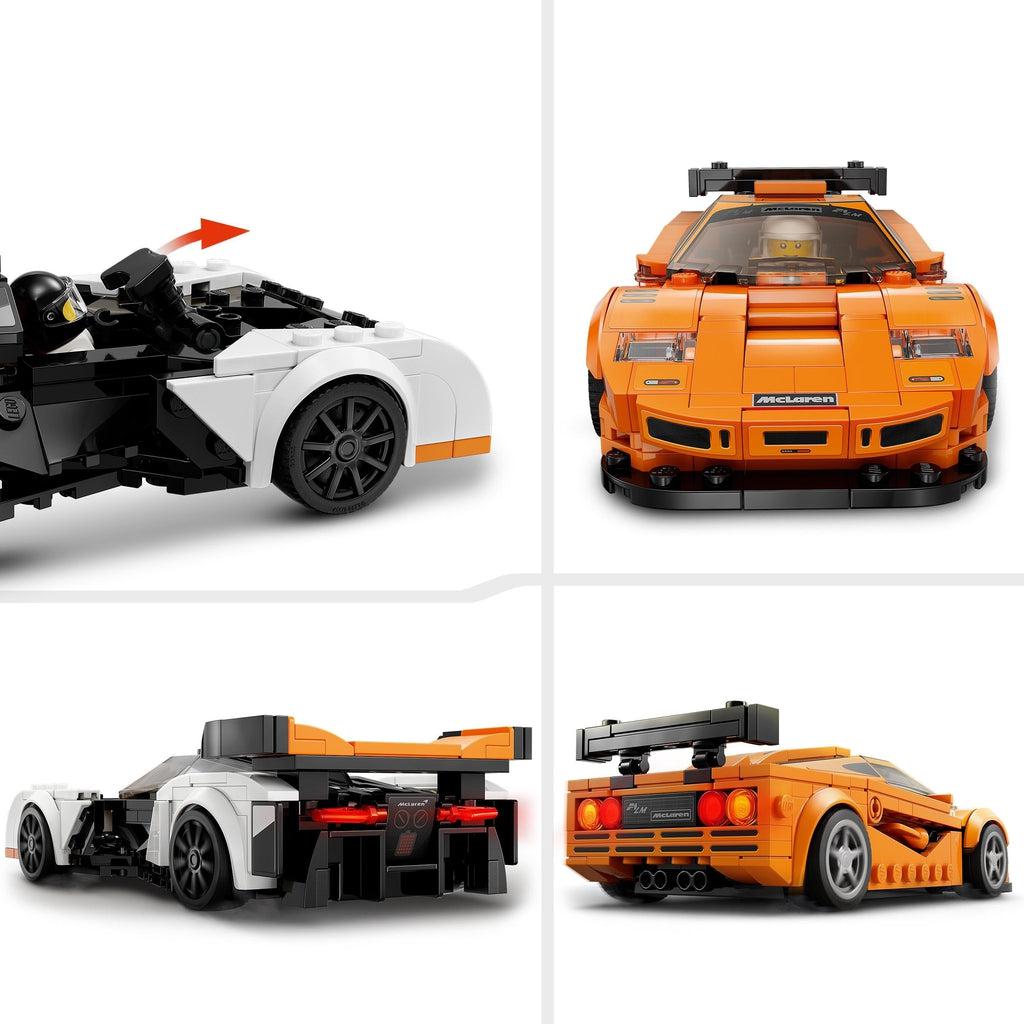 4 images showing the cars from various angles. The drivers can be placed inside the cars and decals and specially shaped lego pieces provide realistic details for both cars