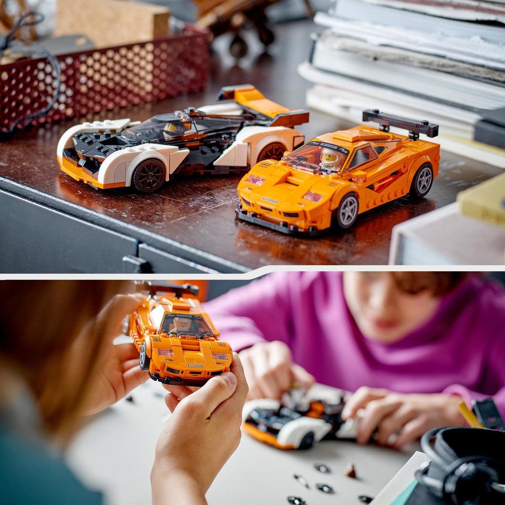 both cars displayed on a shelf above another image of children putting together the cars