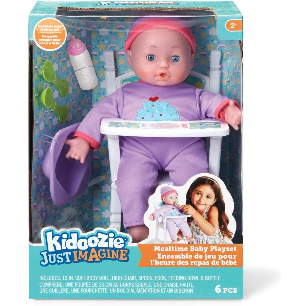 Image is of the box set showing the baby in the packaging sitting in a high chair, ready to be fed a bottle. 
