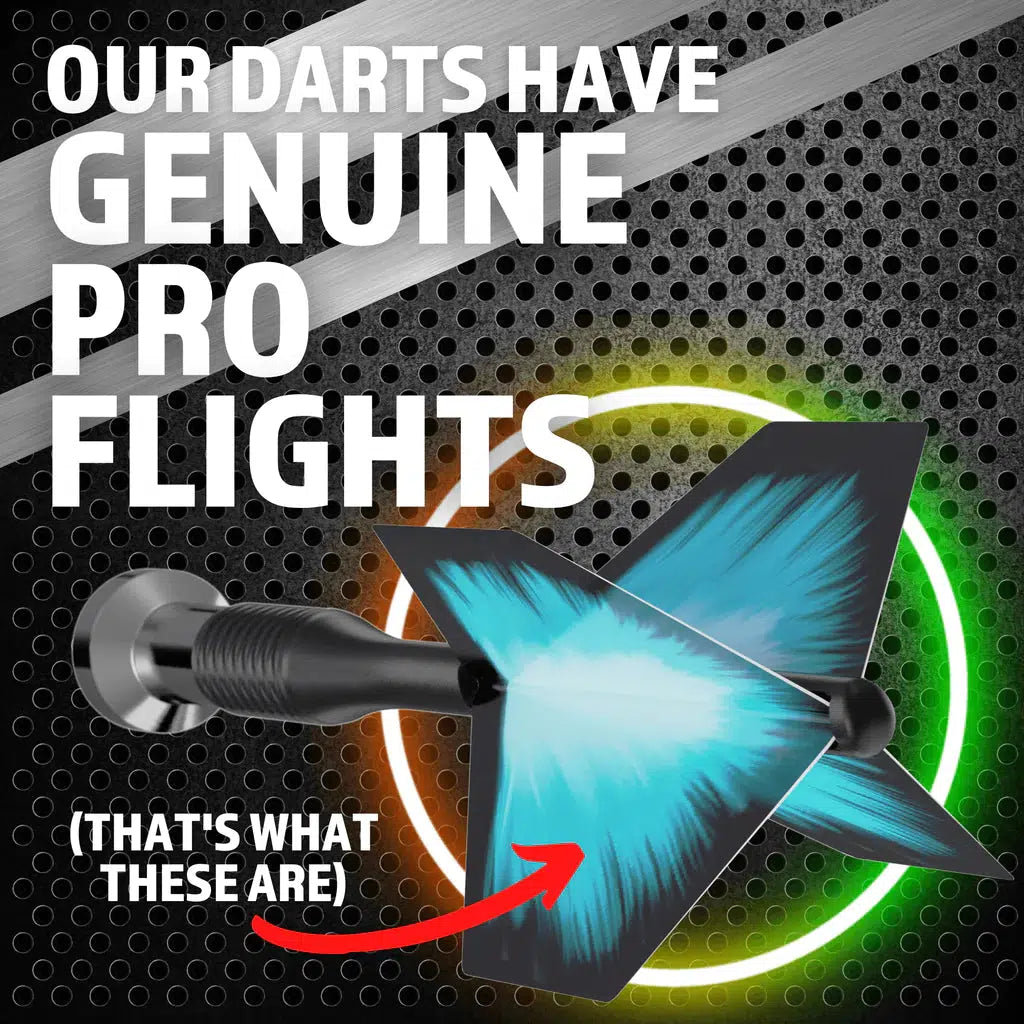 Shows that the included darts are made with genuine pro flights on the ends for better aerodynamics.