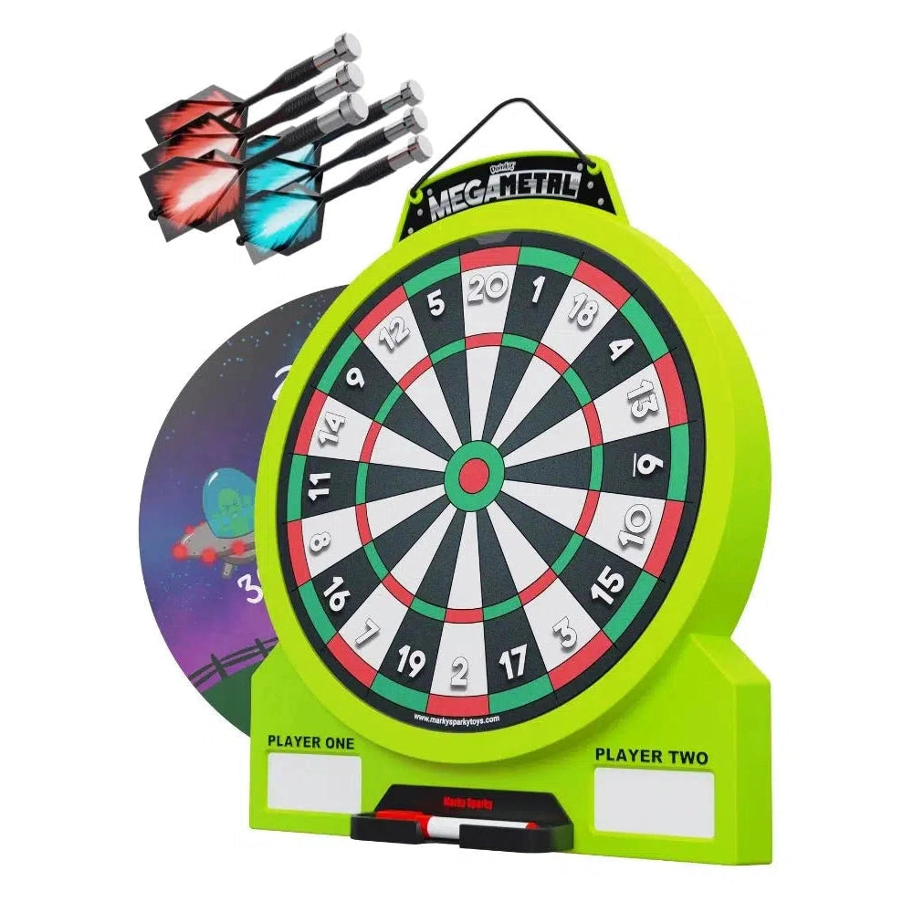 Image of the Mega Metal Dart Board. Surrounding the actual dart board part is a plastic electric green casing that holds two white board scoreboards and can hold the included dry erase marker. The included darts come in two colors, red and blue. 