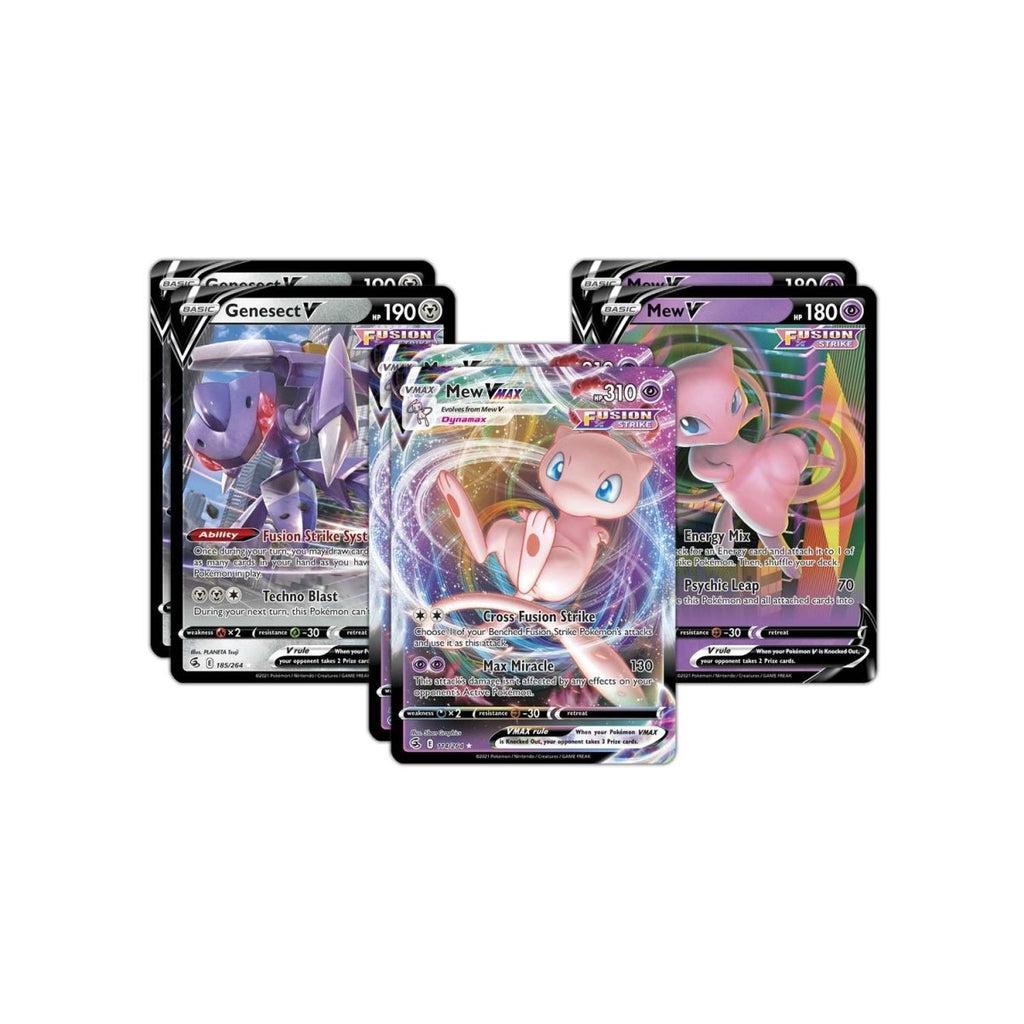 Image of 6 cards included in the pack. 2 Mew VMAX, 2 Mew V, and 2 Genesect V.