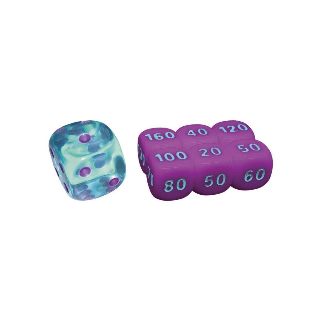 Image of the included dice pack. They are colored blue and purple and they are used for chance damage.
