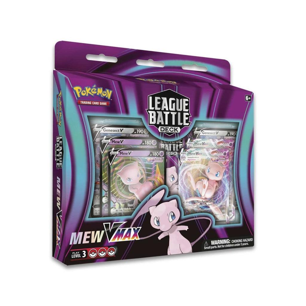 Image of the packaging for the Pokemon Mew VMAX League Battle Deck.  Part of the front is made from clear plastic so you can see some of the included cards.