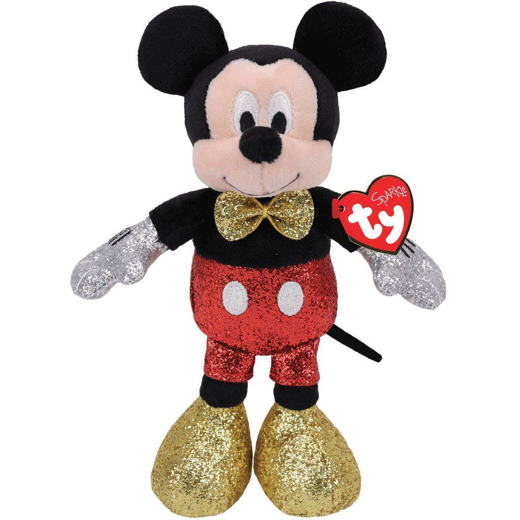 Image of the Mickey Mouse Beanie Babies plush. It is a black and tan cartoon mouse with glitter white gloves, glitter red pants with two white spots, and glitter gold shoes and bow tie.
