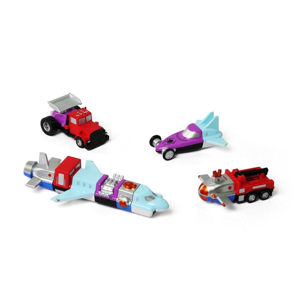 each vehicle has 3 magnetic parts to make a vehicle. a child can mix and match the toy cars to make a fun new vehicle. 