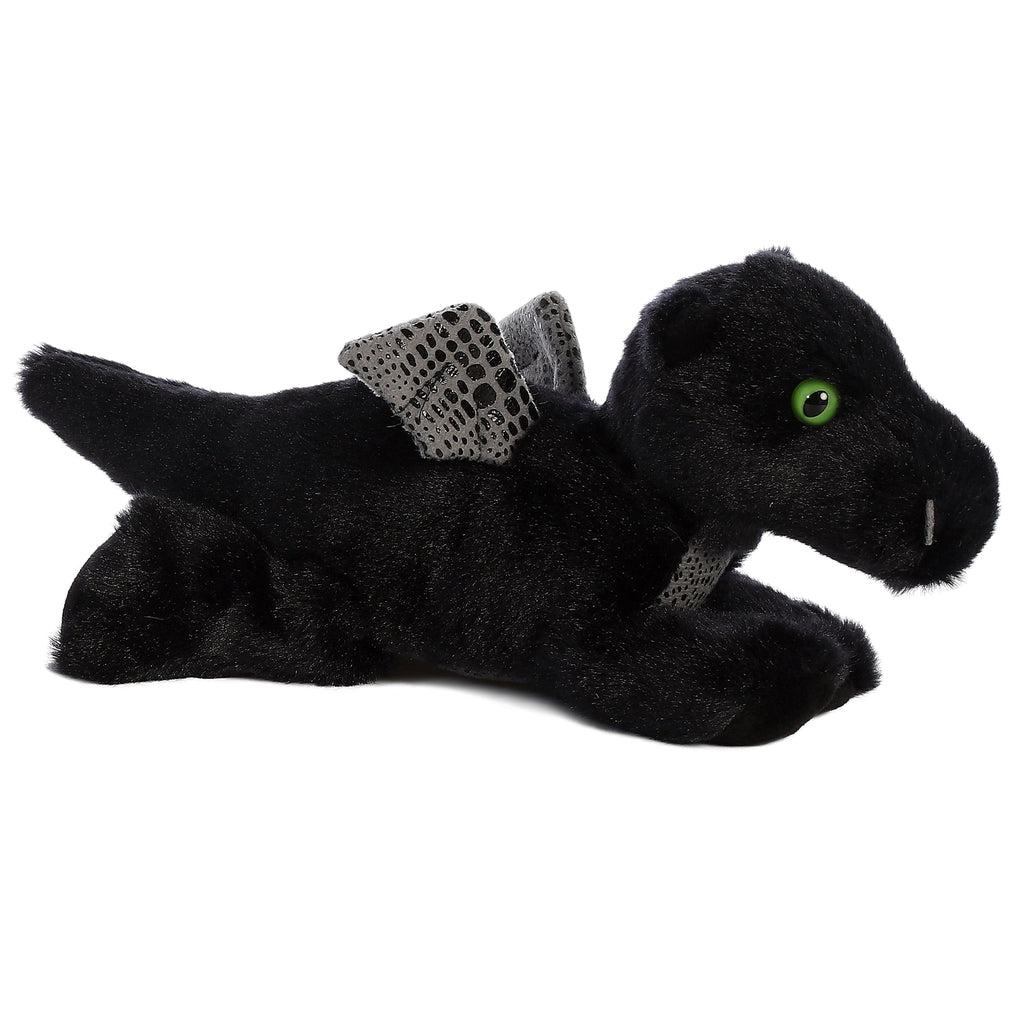 Image of the Midnight Dragon. It is completely black with small grey and black spotted wings and belly. He has green eyes.