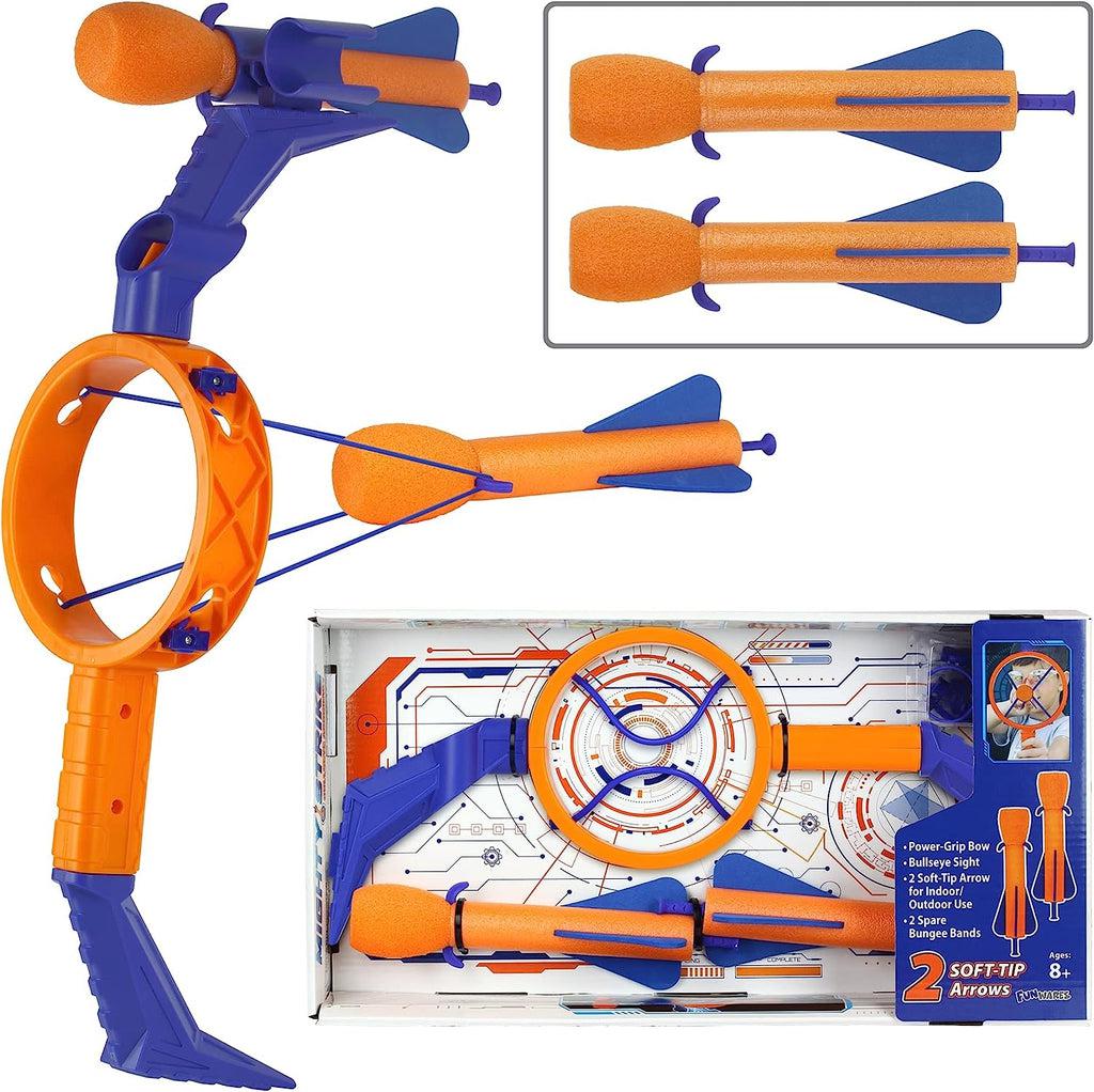 Image of the toy outside of the packaging. The bow is orange and blue with matching foam arrows.