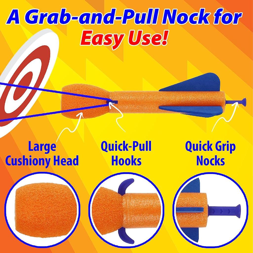 Shows that the foam arrows have a large cushiony head, quick pull hooks, and a quick grip nock on its back.
