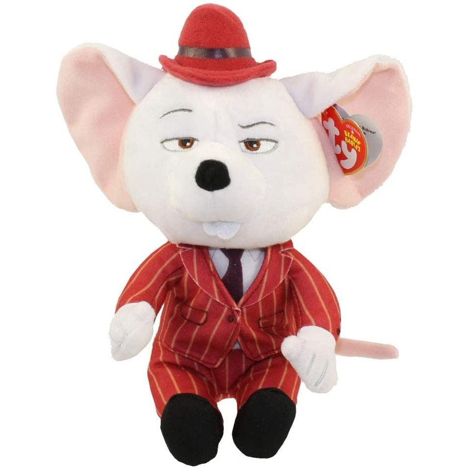 Image of the Mike the Mouse Sing Plush. It is the white mouse from the familiar cartoon movie. He is wearing a red pinstripe suit and a red bowler hat.