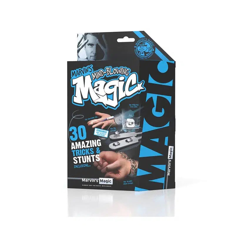image shows the case for marvins magic 30 amazing tricks and stunts. there is a blue border that says MAGIC. pistures shows a hand in cuffs, a pen and a fly on a paddle. 