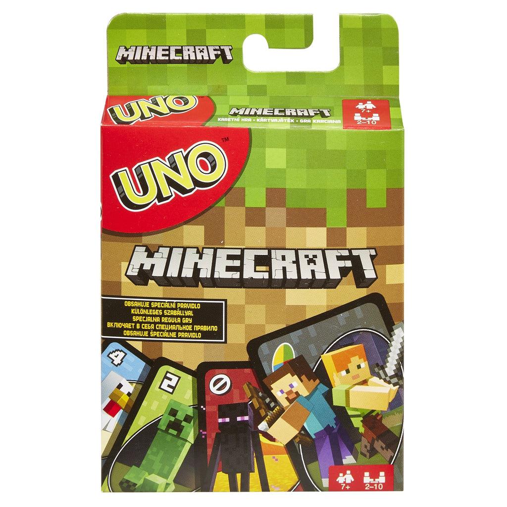 Image of the box for the Minecraft UNO game. On the front is a picture of some of the cards included in the game.