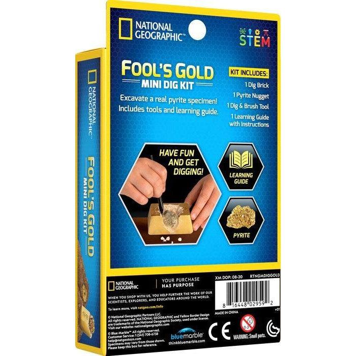 Fool's gold back of the box. kit includes a dig brick, a purite nugget, a dig & brush tool, and a learning guide with instructions. excavvate a real pyrite specimen! 