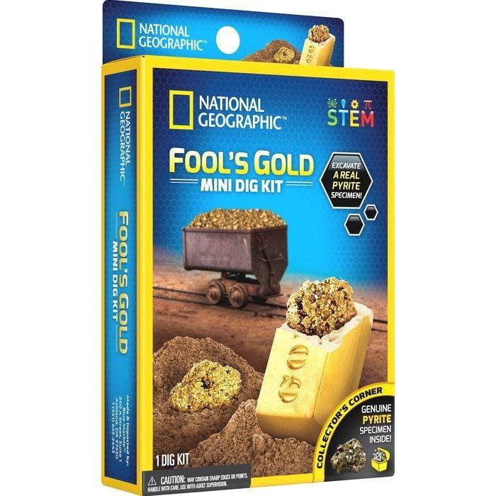 National Geographic Foo;s Gold mini dig kit . the box shows a mine cart full of fool's gold and a pop up says genuine pyrite specimen inside. 