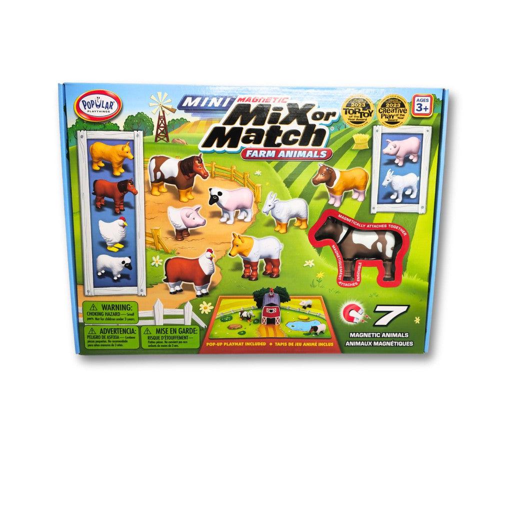 this image shows the box for the mini mix or match farm animals. there are 7 magnetic animals inside. 