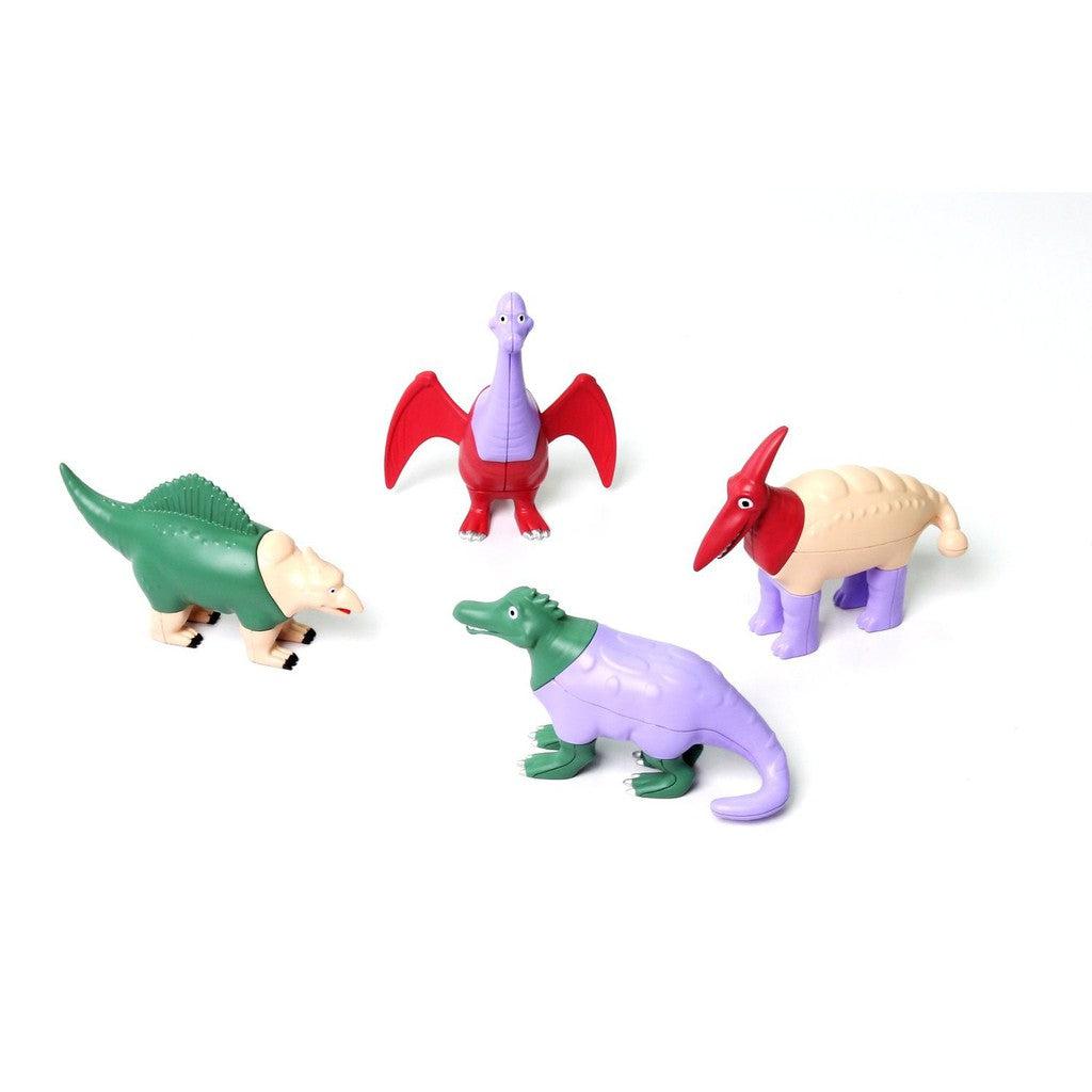 this image shows all the animals mixed around, wach dinosaur sporting fun different colors to blend together when they match