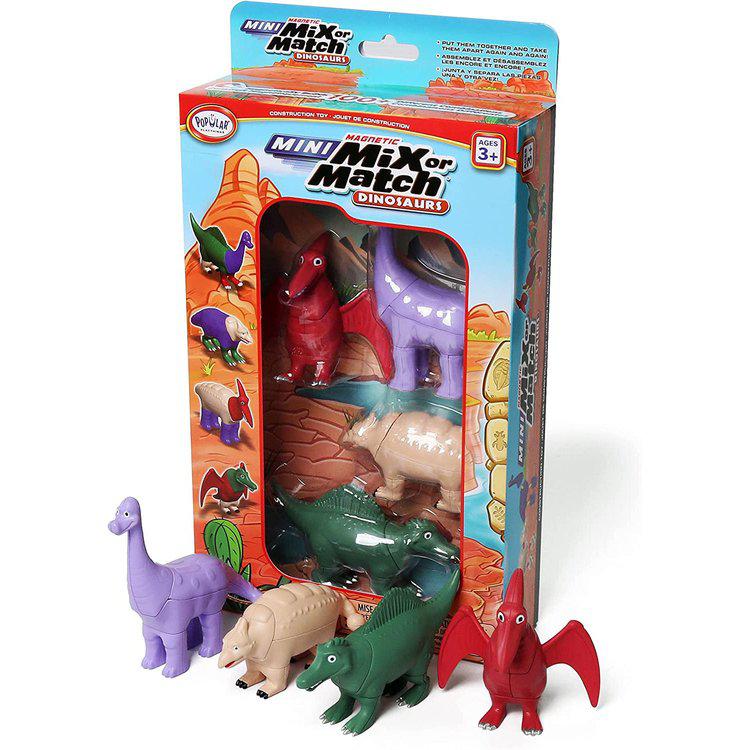 this image shows a small box with 4 different dinosaurs inside, each dinosaur can come apart and connect to one another for a mix and match fun