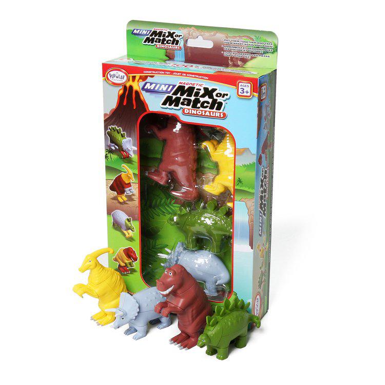 this image shows the mini mix or match set for dinosaurs. There are 4 dinosaurs each with a different color, from yellow, green, brown, white