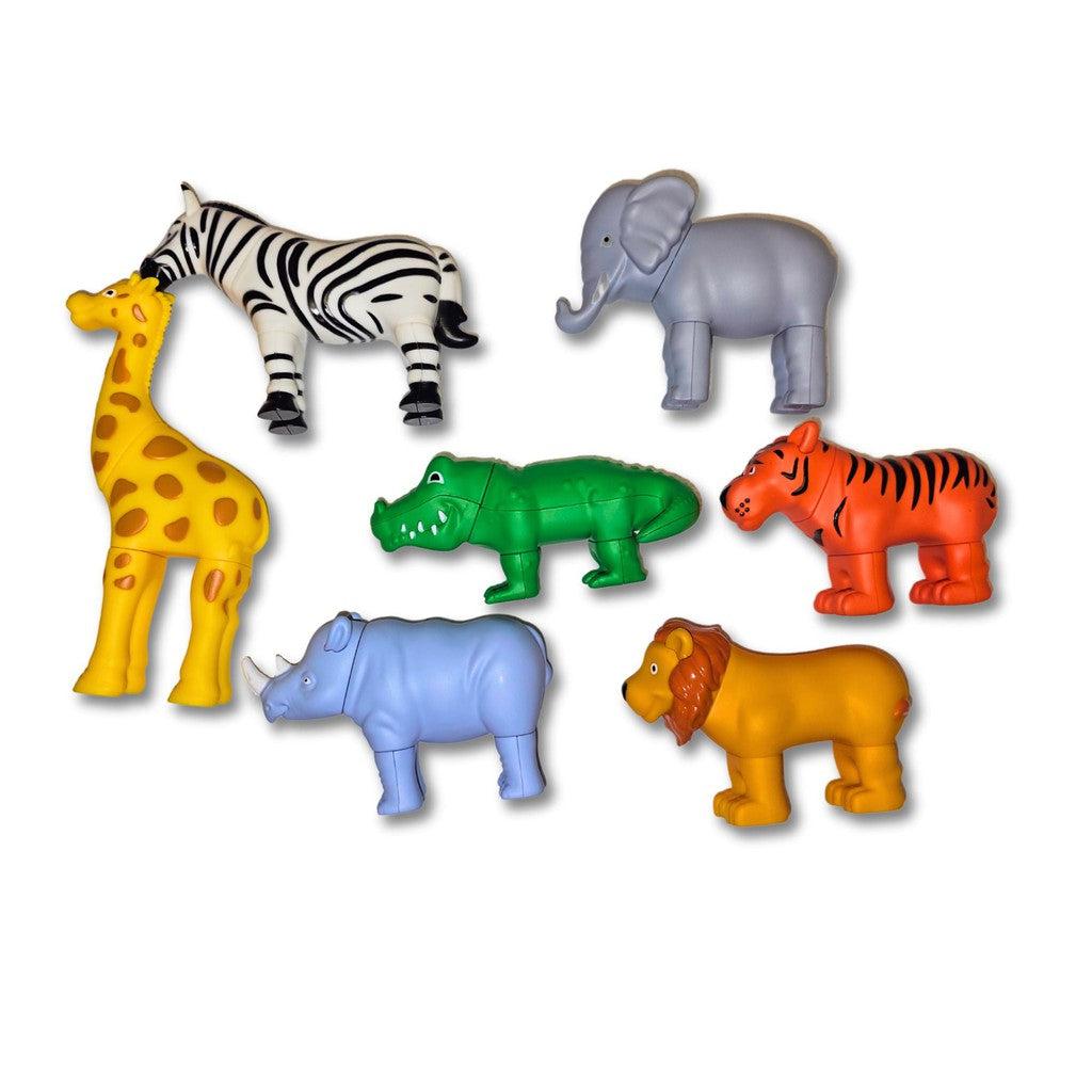 this image shows a giraffe, xebra, elephant, crocodile, rhino, tiger and lion all out of the box! 