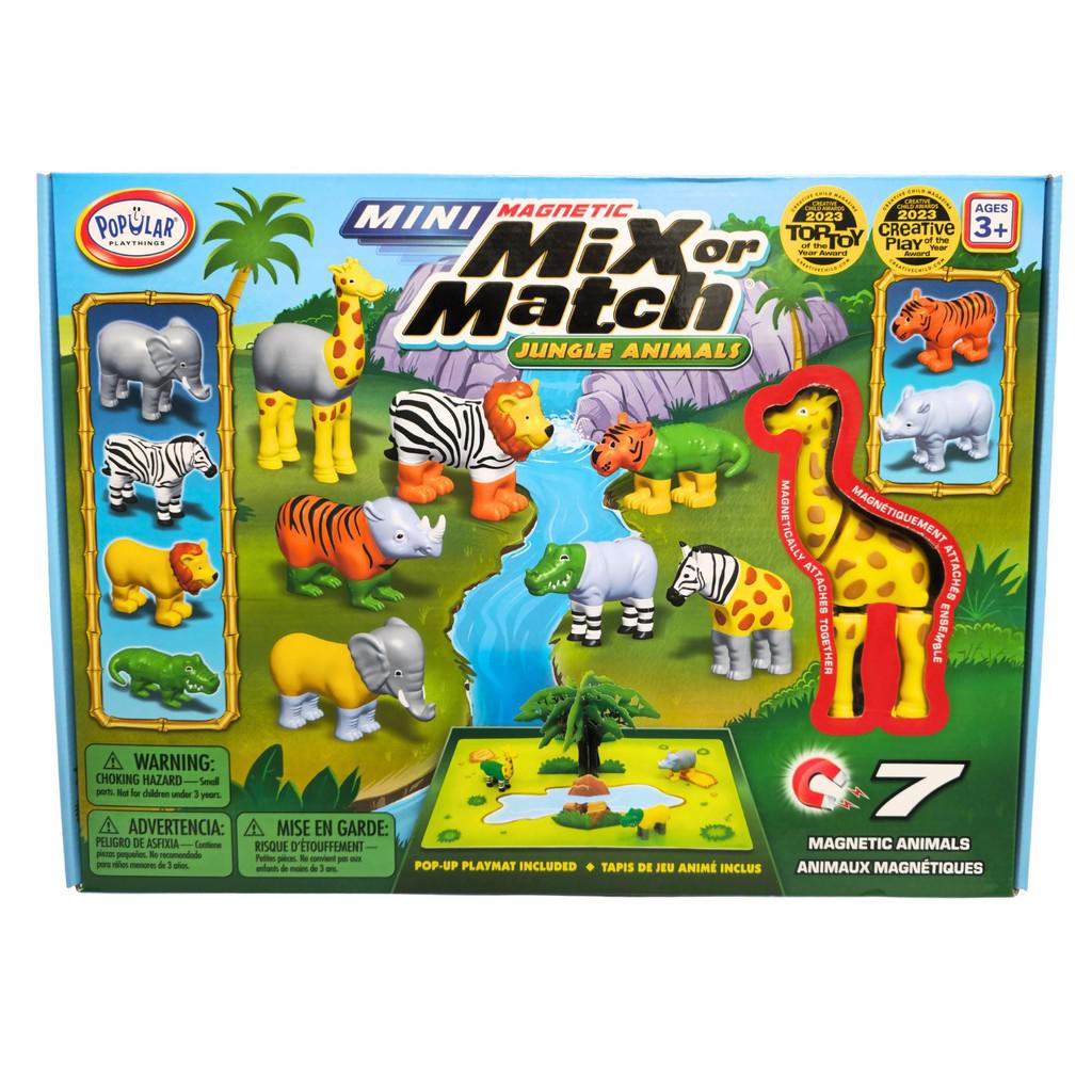 welcome to the jubgle! this image shows the box for mini mix or match jungle animals! there are 7 animals inside!