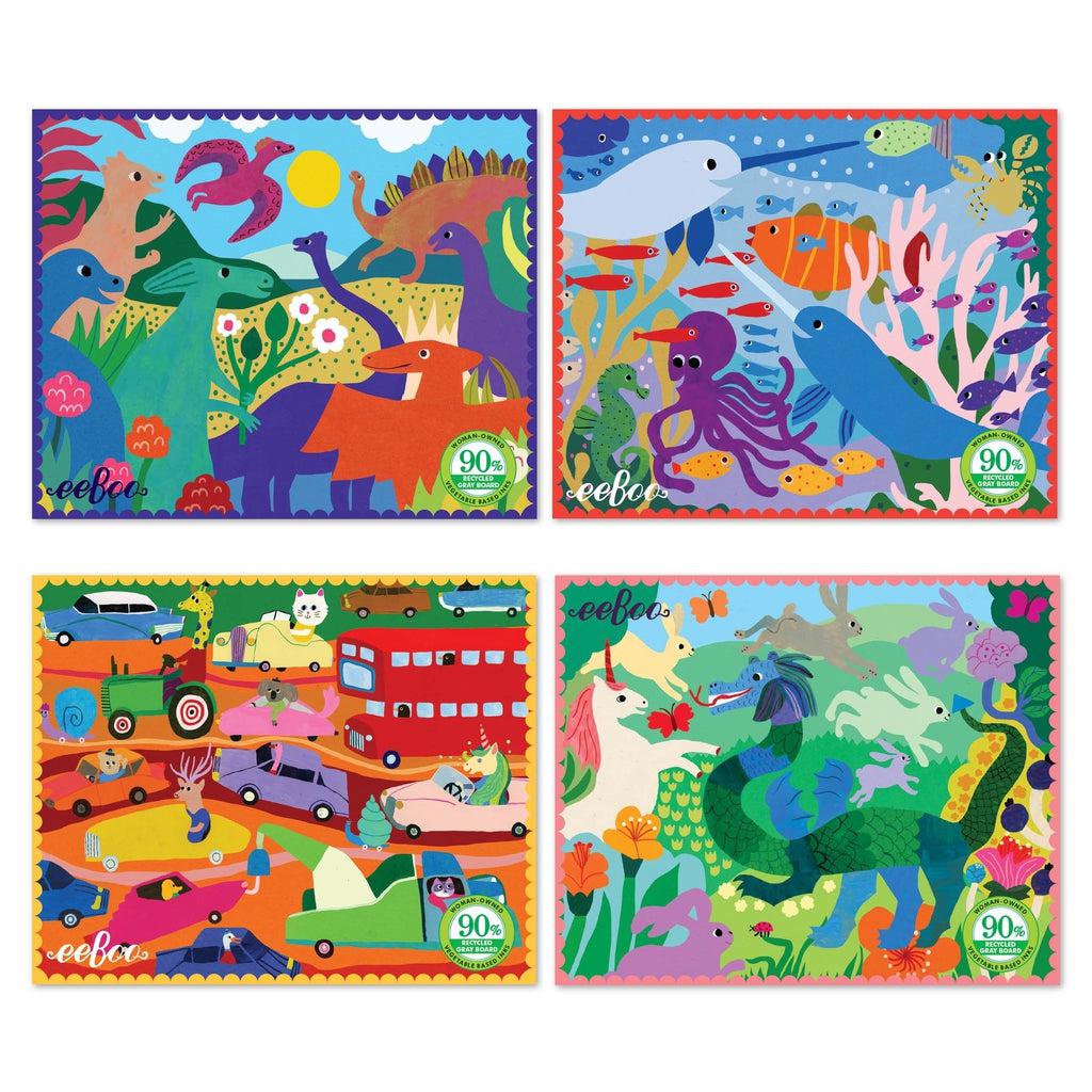 this image shows all the assorted puzzles. there are dinosaurs, cars, a dragon, and a narwhal. 