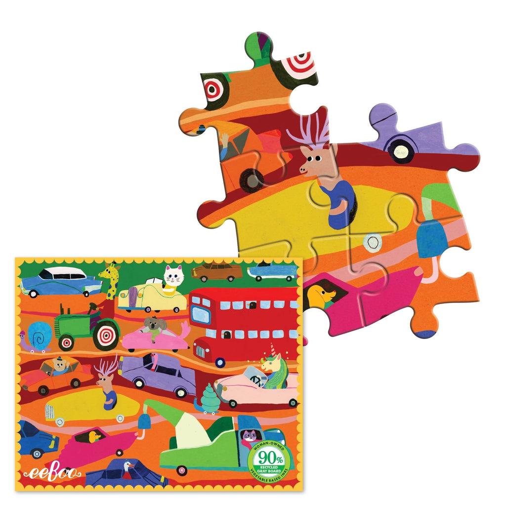 this image shows animals driving cars in a puzzle, with a close up on the puzzle pieces.