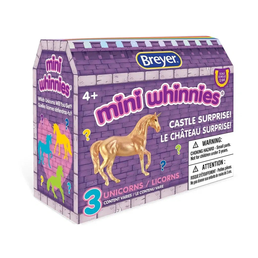 Image of the packaigng for the Mini Whinnies Castle Surprise blind box. On the front it shows some of the possible included unicorns.