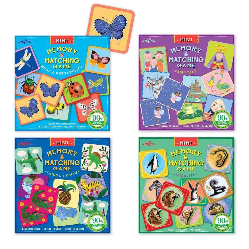 all four different memory matching games side by side, there is the bugs, fairytale, things i know, and wildlife memory mini sets. each one features charming pictures to play a memory matching game with