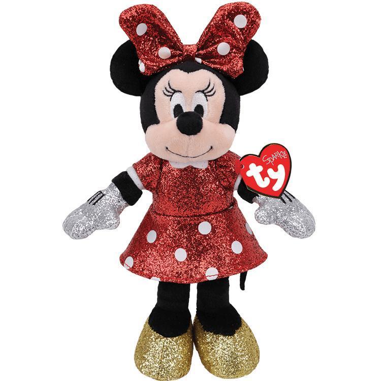 Image of the Minnie Mouse Beanie Babies plush. It is a black and tan cartoon mouse with glittery white gloves, glittery gold high heels, and a red glittery dress and bow each with white polkadots.