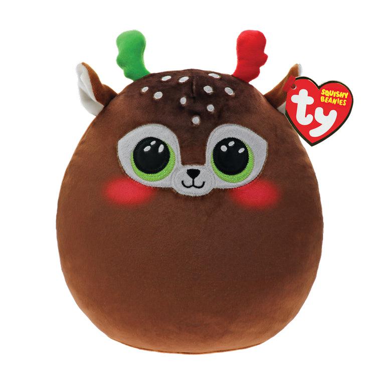 Image of the Minx Squishy Reindeer plush. It is a brown reindeer with green eyes, rosy cheeks, and one green and one red antler.