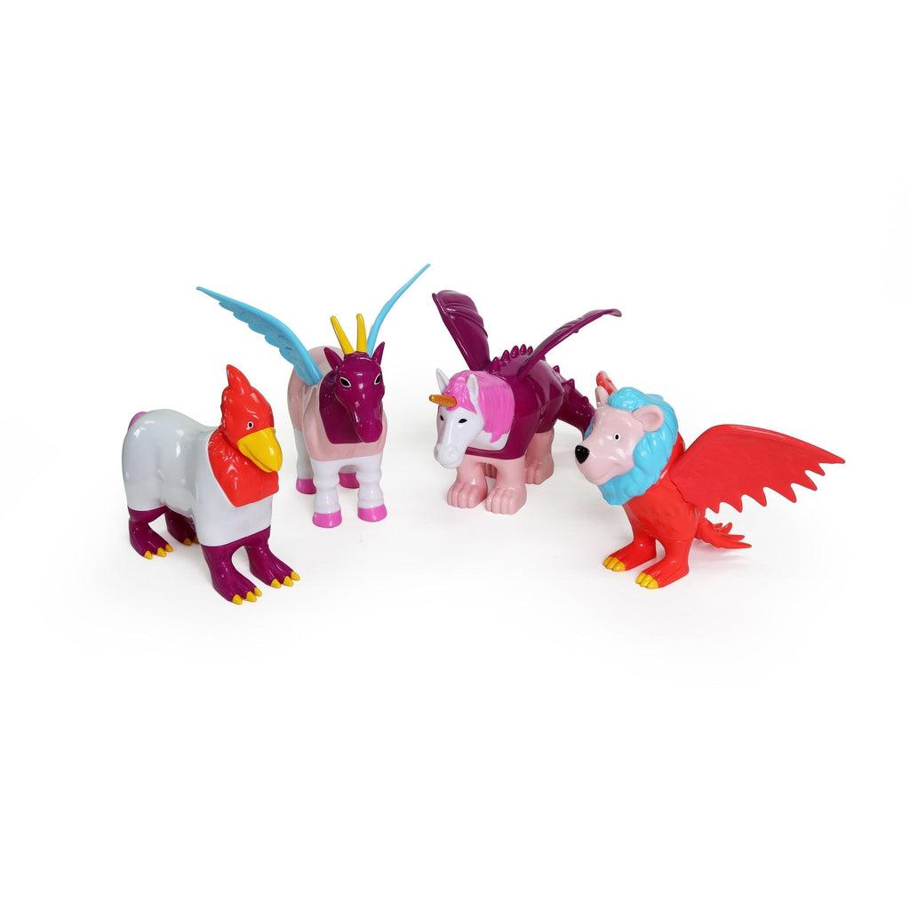 there's a griffon, unicorn, dragon, and lion with wings. all of them can be mixed around