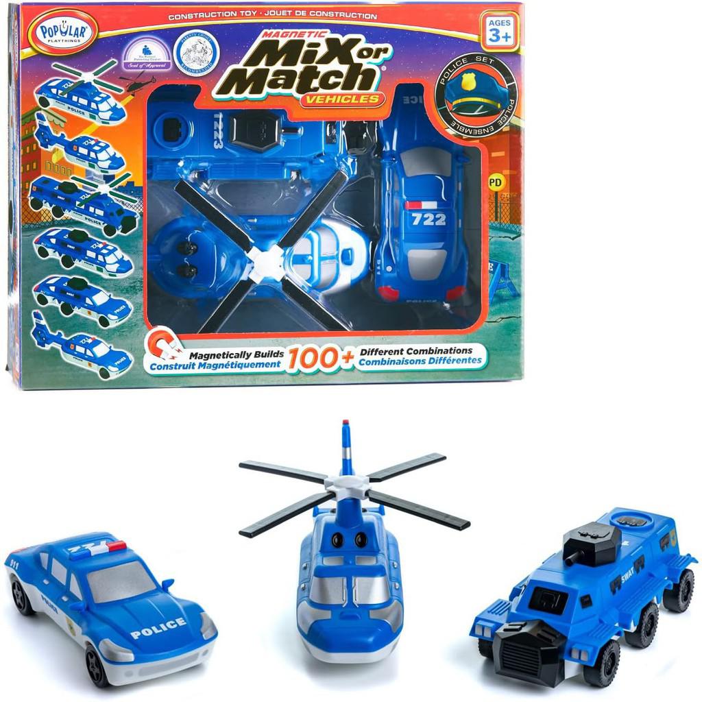 Toy vehicle set with magnetic locking system and chunky pieces for creating different combinations.