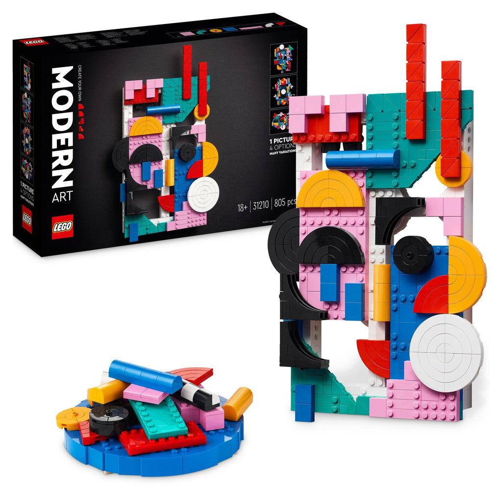 the image shows the bood for a LEGO modern art piece. its a large portriat of circles and semicircles with many diffrent colors