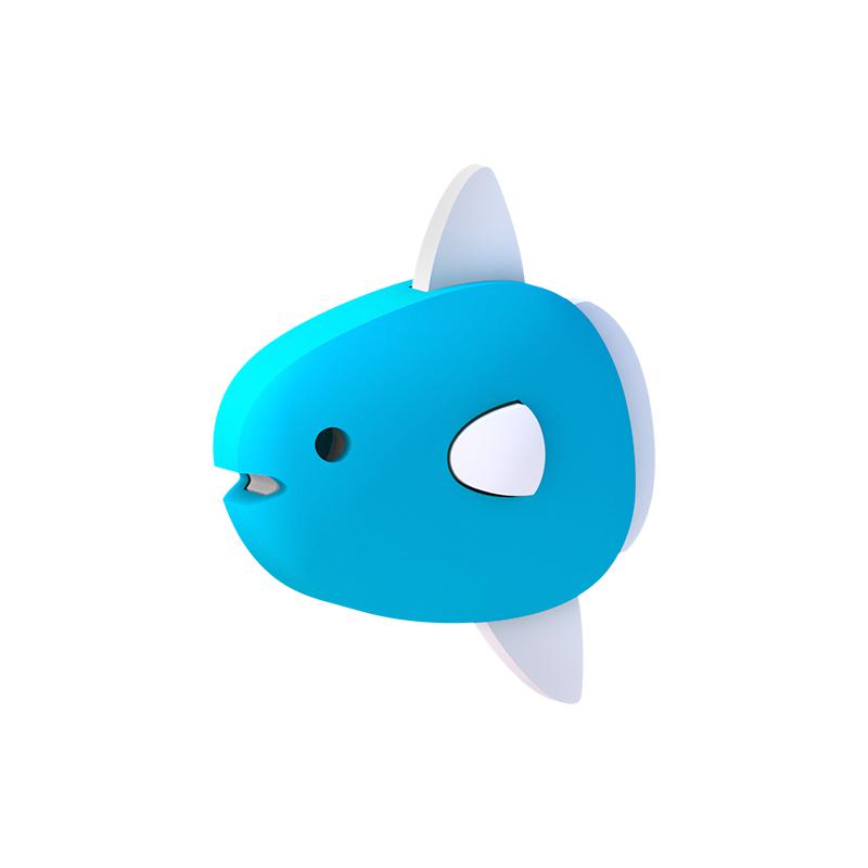 Image of the Mola fish figurine. It is a bright blue with white fins. It is shaped like an oval and it is very flat.