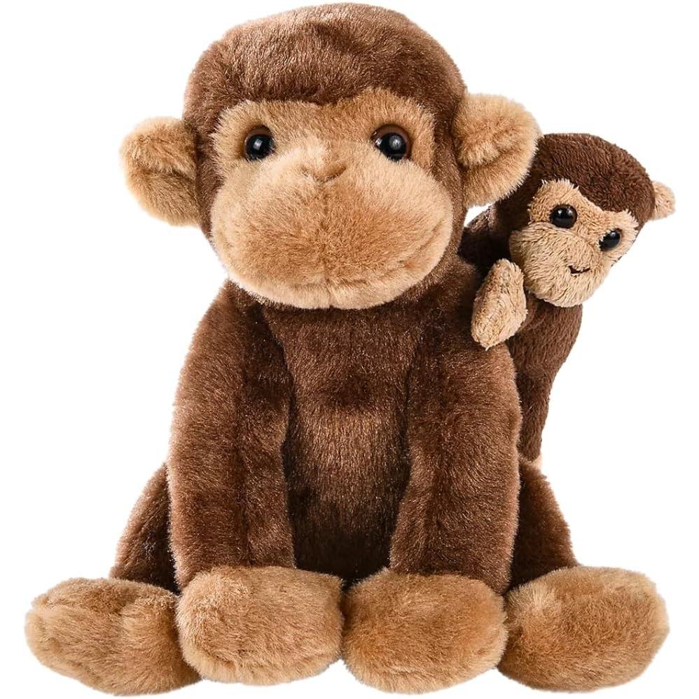 A large brown plush monkey sits with a smaller plush monkey on its back, both facing forward.