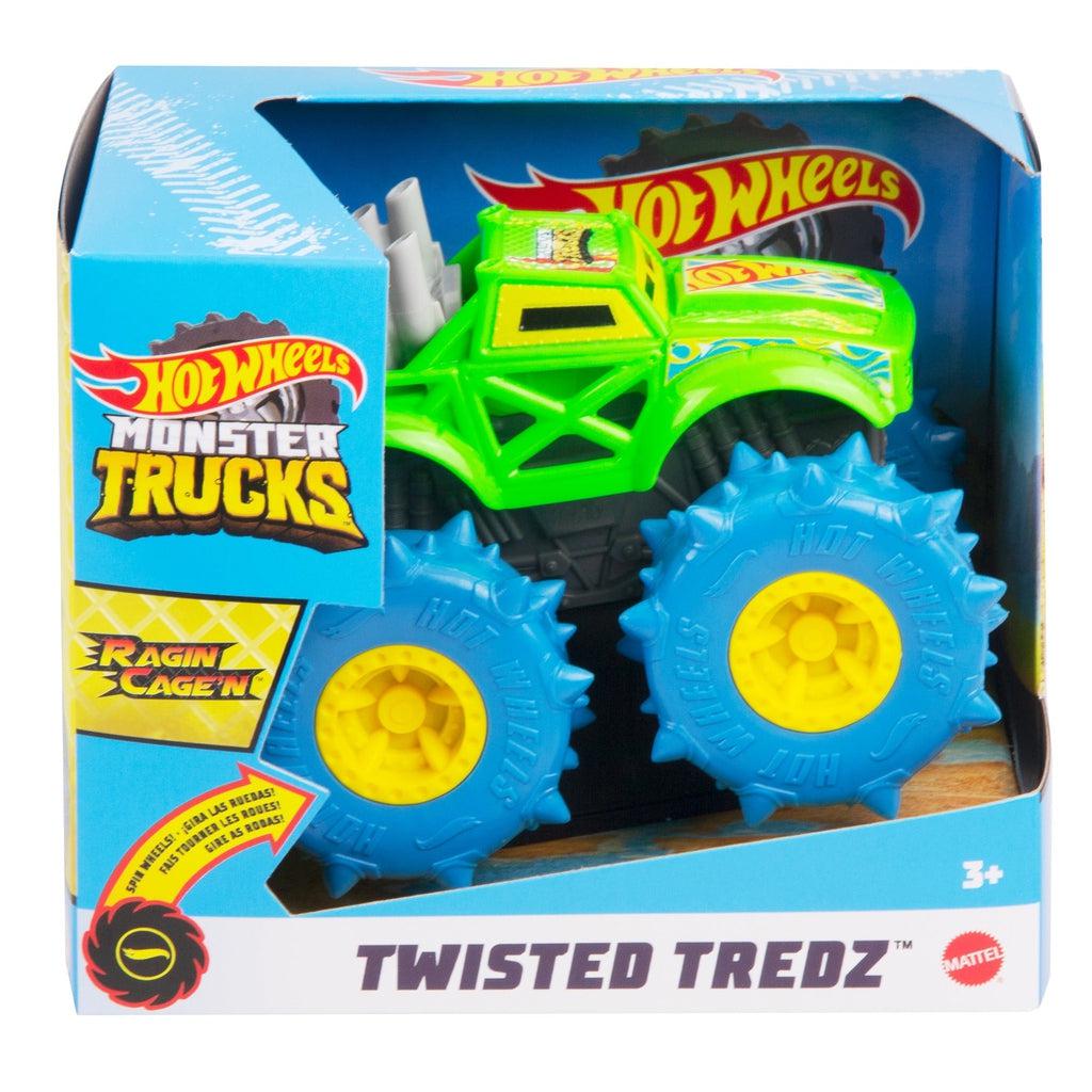 Image of one of the Monster Truck Rev Tredz Hot Wheels vehicles. This one has a neon green body and large spiky blue tires.