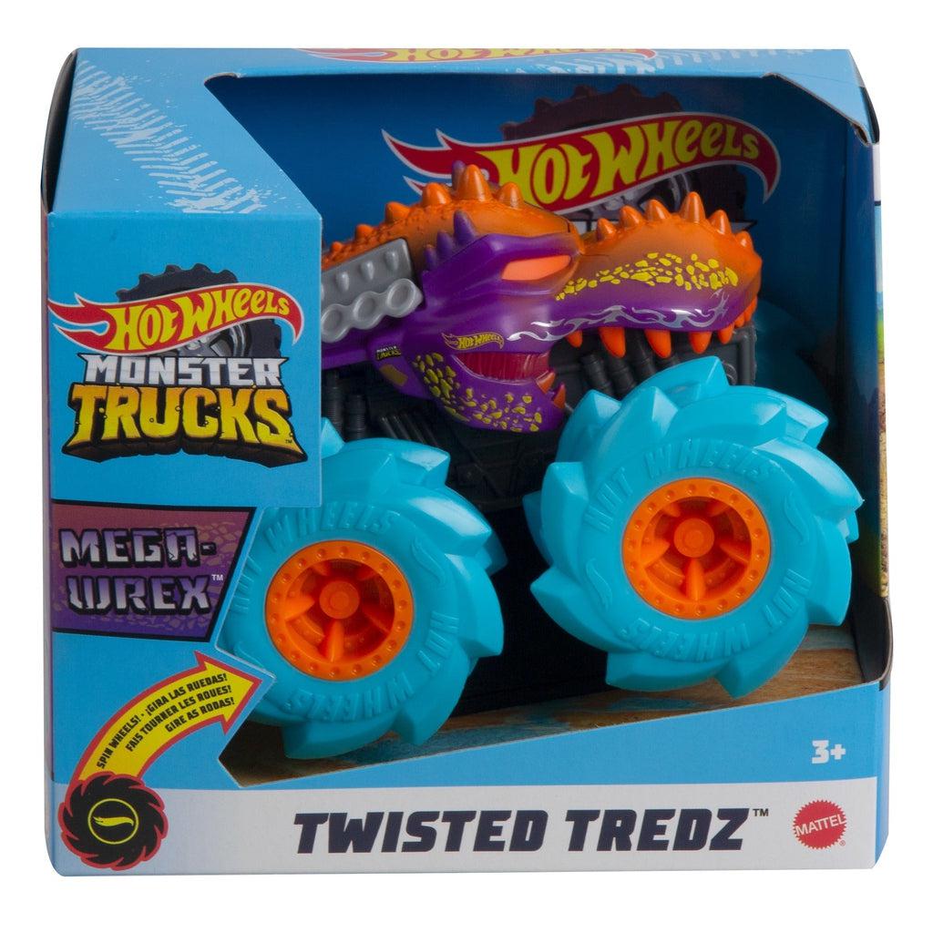 Image of one of the Monster Truck Rev Tredz Hot Wheels vehicles. This one has a purple and orange monster face body and large blue and orange tires.