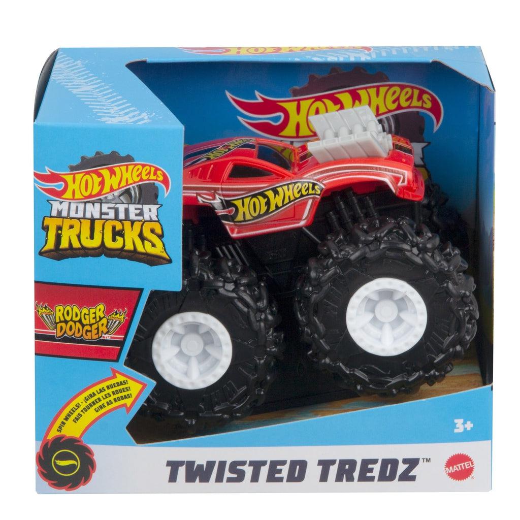 Image of one of the Monster Truck Rev Tredz Hot Wheels vehicles. This one has a red body and large black tires.