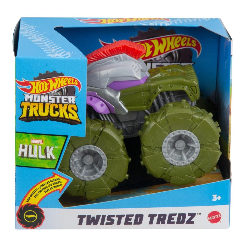 Image of one of the Monster Truck Rev Tredz Hot Wheels vehicles. This one has a green body with a gladiator helmet and large green tires.