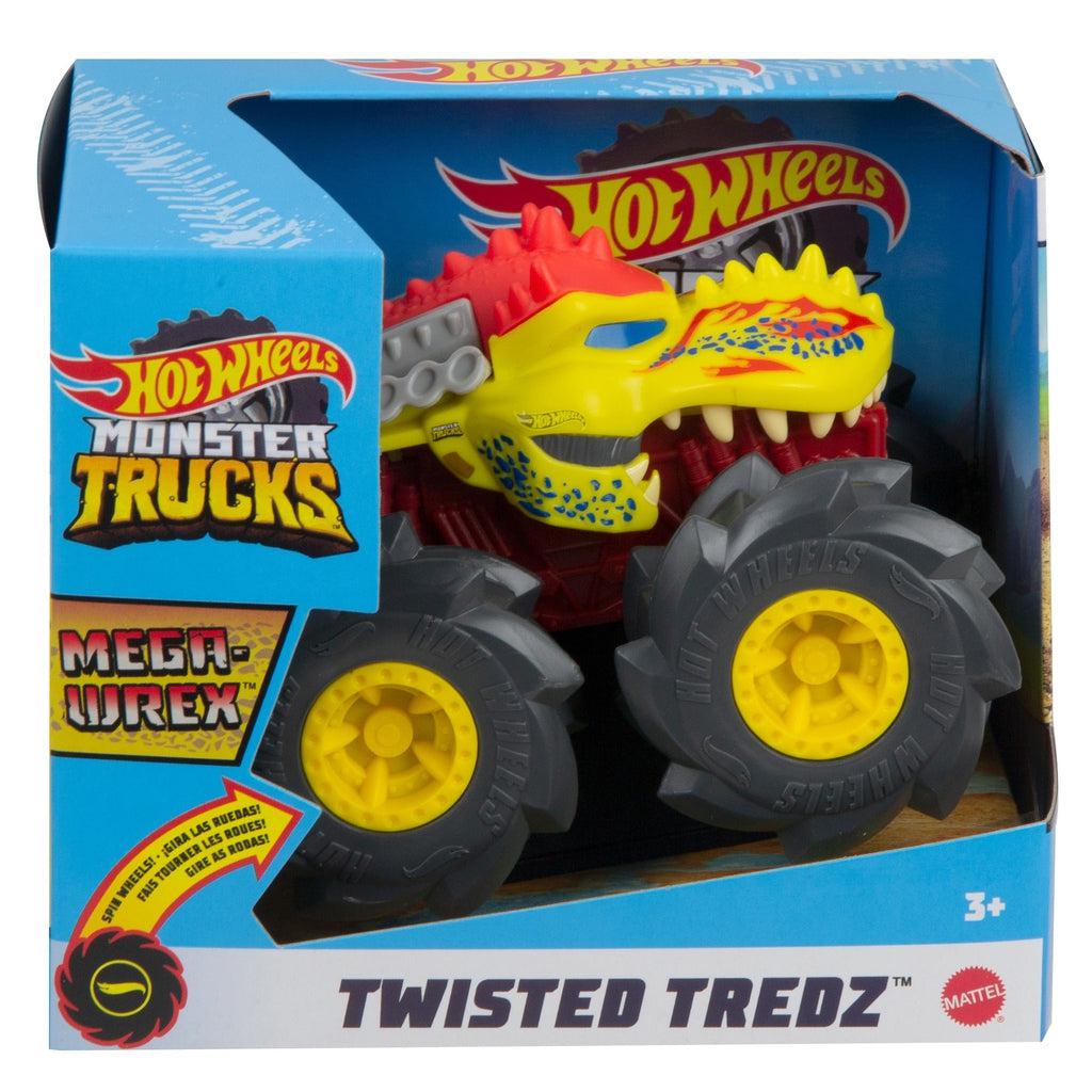 Image of one of the Monster Truck Rev Tredz Hot Wheels vehicles. This one has a yellow monster face body and large dark grey tires.