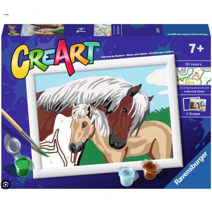 this is the box for the mother and foal paint by numbers kit, a frame is included in the paint by numbers set. a mother horse is resting her head gently against the foal. 