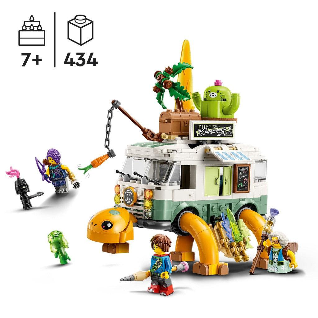 this image shows the toy is for ages 7+ with 434 lego pieces in the set to build the turtle van