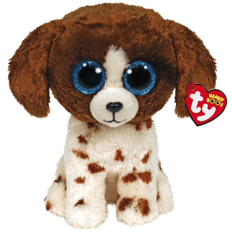 Image of the Muddles the Dog plush. It has a brown face and ears with a white body with brown spots. Its eyes are sparkly blue.