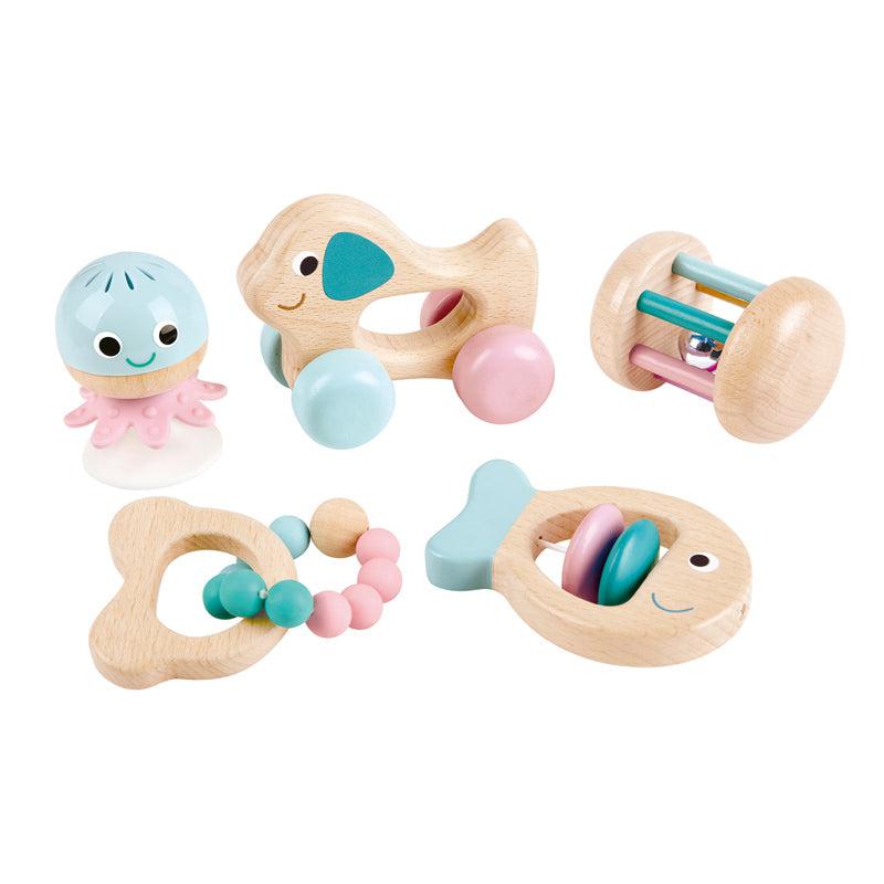 Image of the Multi Stage Sensory Toy Set. It includes five different wooden sensory toys all colored pink and teal. Each of them is different.