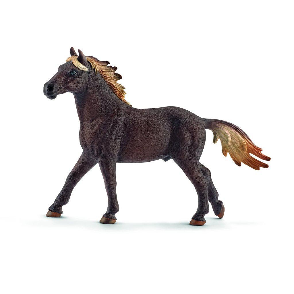 Image of the Mustang Stallion figurine. It is a black horse with a multicolored brown mane and tail.