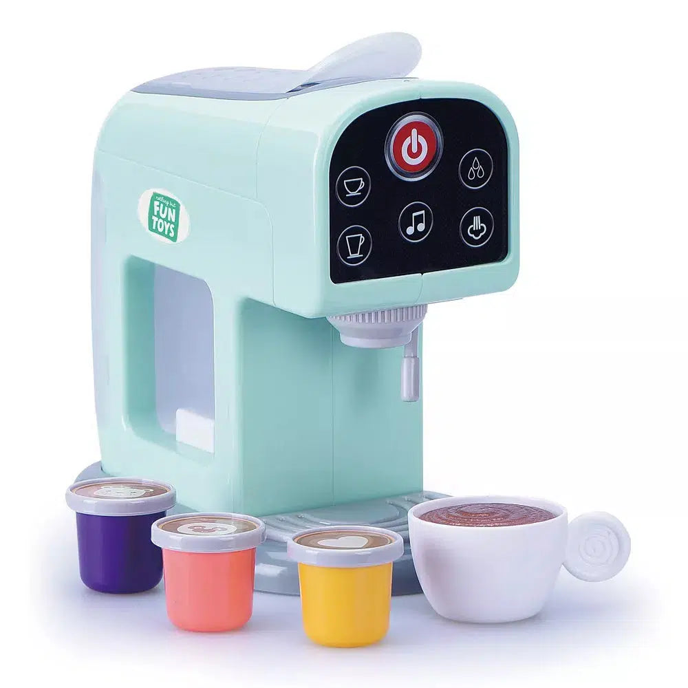 this image shows the coffe cup, and three different play dispensers that have different colors to represent flavors. 