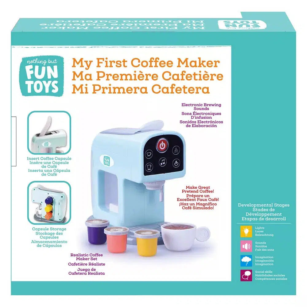 this image shows the back of the box for the coffee maker, it makes electric brewing sounds,  has a place to insert the coffe capsules in the top, and storage on the side. make a great cup of pretend coffee