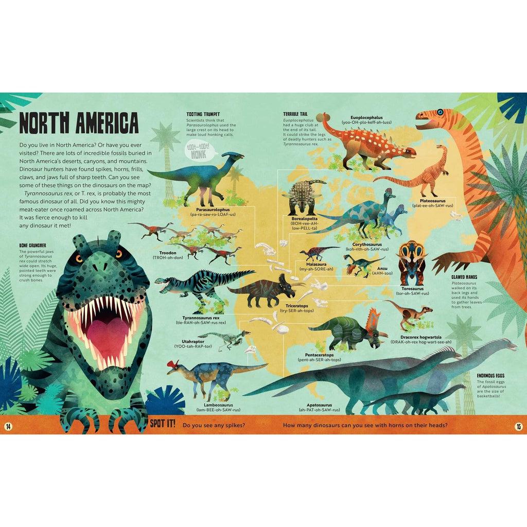 Example of one of the open pages in the book. This page is centered around North America and it has lots of information and pictures of the dinosaurs that could be found there.