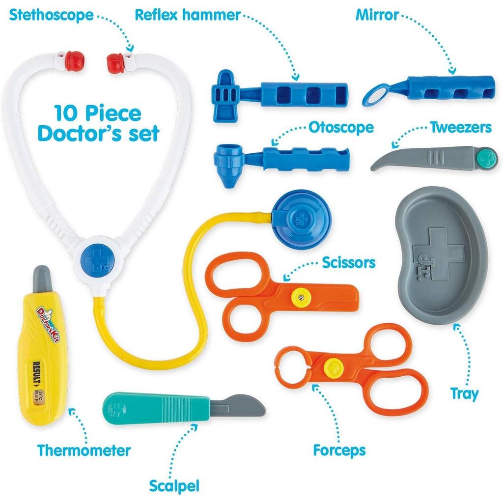 included in the kit are shown as a Stethoscope, reflex hammer, mirror, otoscope, tweezers, scissors, tray, forceps, scalpel, and thermometer. all the items are plastic and safe for children.