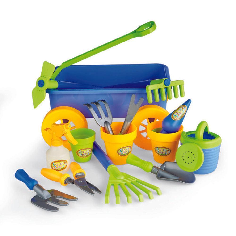 Toy gardening tools including a rake, trowel, gardening fork, wagon, hoe, spray bottle, seed dibber, secateurs, and watering can.